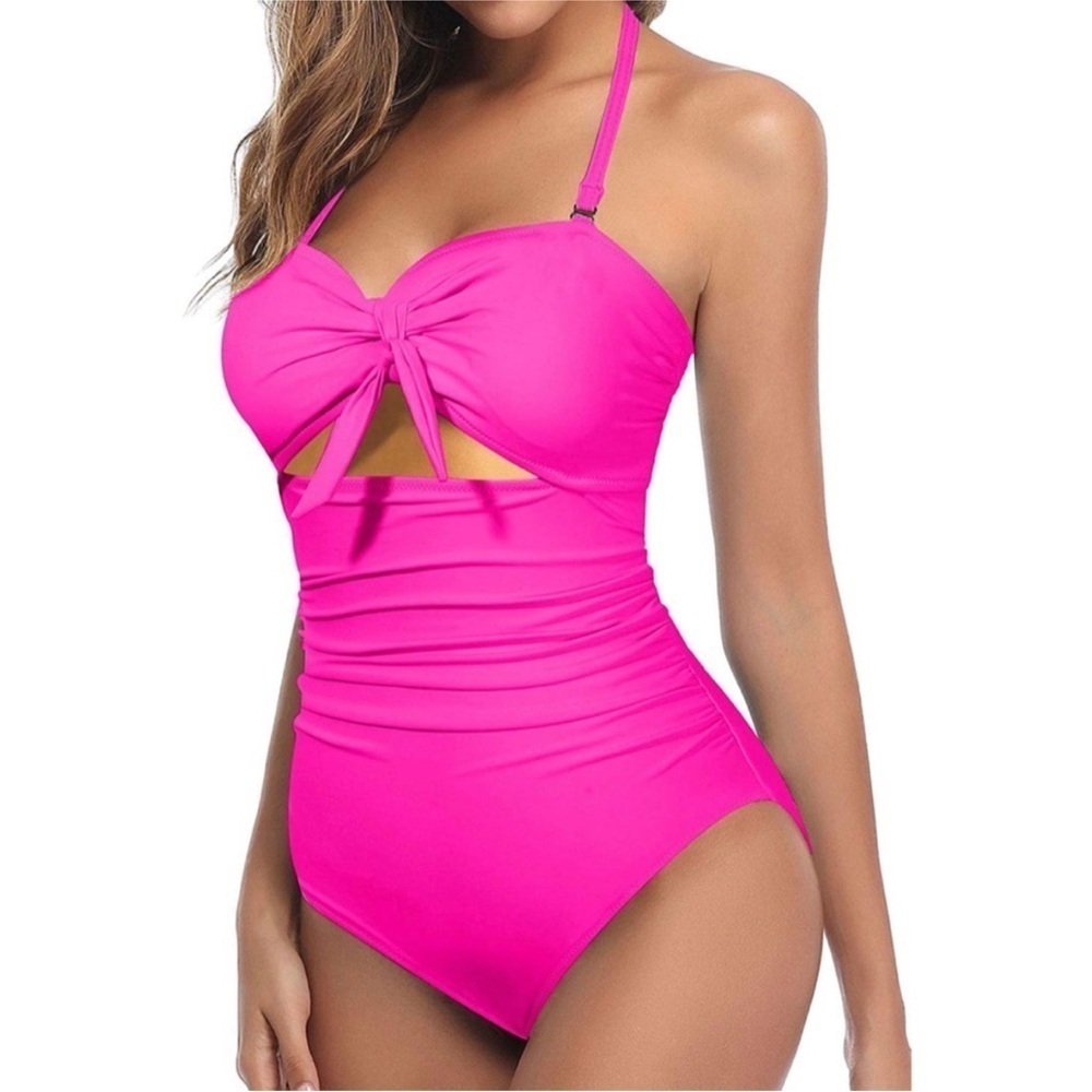 Brand New Tempt Me Hot Pink Tie Up Halter One-Piece Swimsuit Cutout Ruched Retro - Picture 3 of 16
